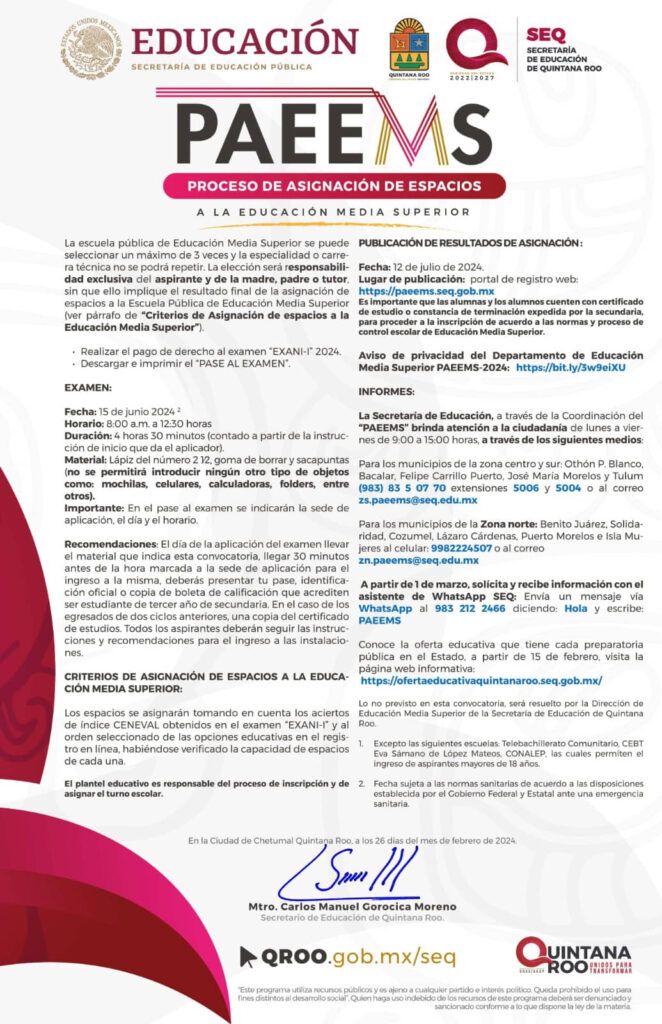 Bases y requisitos del Proceso de Asignación de Espacios a la Educación Media Superior 2024