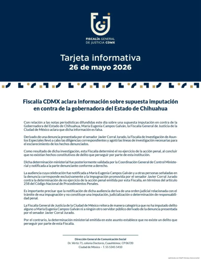 Fiscalía de CDMX negó imputación contra Maru Campos; audiencia responde a recurso promovido por Javier Corral