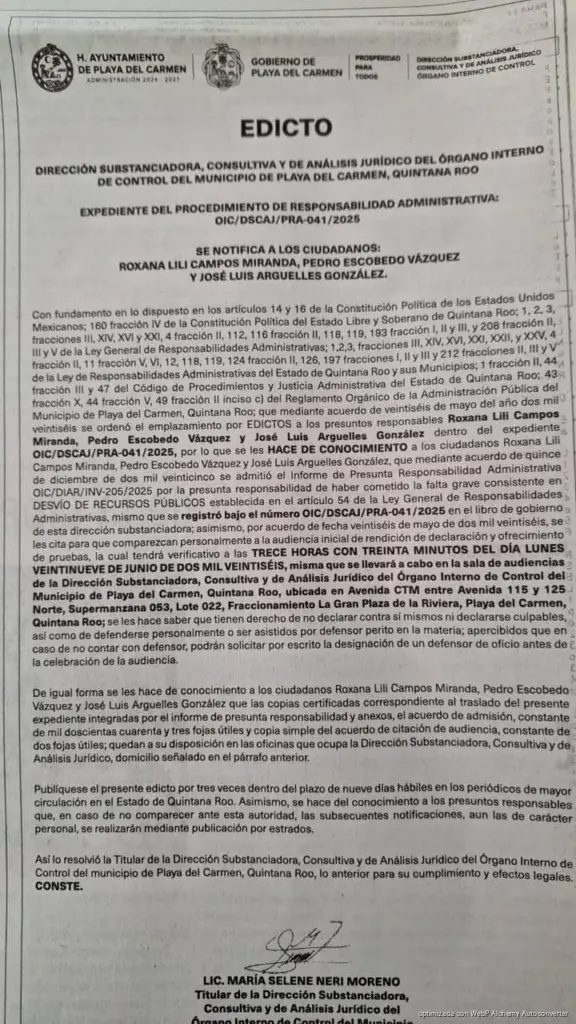 Citan a Lili Campos y Pedro Escobedo por presunto desvío de recursos públicos en Playa del Carmen