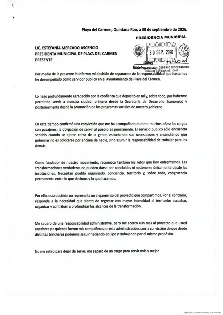 Anuncia separación a su cargo como servidor público Antón Bojorquez ante el Ayuntamiento de Playa del Carmen